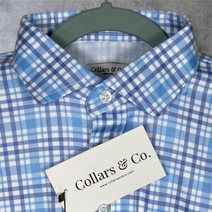 Collars & Co Polo Shirt Mens M Blue Purple Sea Island Plaid Dress Collar NWT